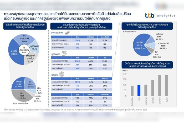 ttb analytics มองอุตสาหกรรมยางไทยได้รับผลกระทบจากภาษีทรัมป์ แต่ยังไม่เสียเปรียบเมื่อเทียบกับคู่แข่ง แนะภาครัฐเร่งเจรจาเพื่อเพิ่มความมั่นใจให้กับภาคธุรกิจ