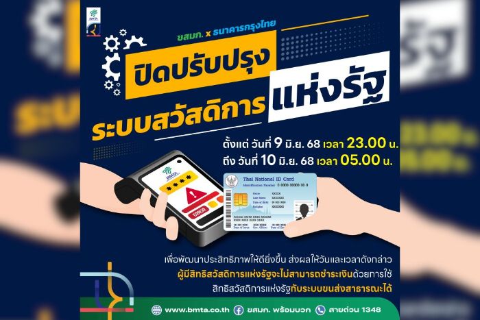 กรมบัญชีกลาง และ ธ.กรุงไทย ปิดปรับปรุงระบบสวัสดิการแห่งรัฐชั่วคราว ขสมก. แจ้งประชาชนเตรียมพร้อมด้านการเดินทาง ในวันที่ 9 – 10 มิถุนายน นี้!