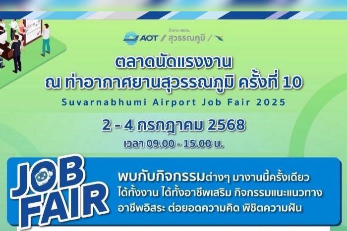 ท่าอากาศยานสุวรรณภูมิจัด “ตลาดนัดแรงงานครั้งที่ 10” 2 - 4 กรกฎาคม 2568 นี้