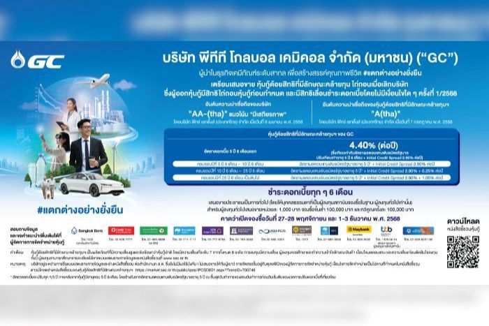 GC ประกาศอัตราดอกเบี้ยหุ้นกู้ด้อยสิทธิที่มีลักษณะคล้ายทุนฯ 5 ปี 6 เดือนแรกที่ 4.40% ต่อปี คาดเสนอขายต่อผู้ลงทุนทั่วไป วันที่ 27 พฤศจิกายน - 3 ธันวาคม 2568 นี้