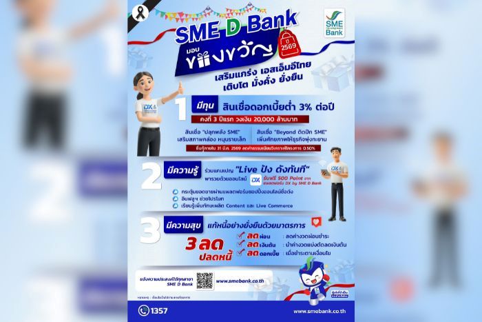 SME D Bank จัดใหญ่มอบแพ็กเกจของขวัญปีใหม่เพื่อเอสเอ็มอีไทย  เติมทุนสินเชื่อดอกเบี้ยต่ำ 3% ช่วยเสริมสภาพคล่อง ต่อยอดเพิ่มรายได้ด้วยออนไลน์