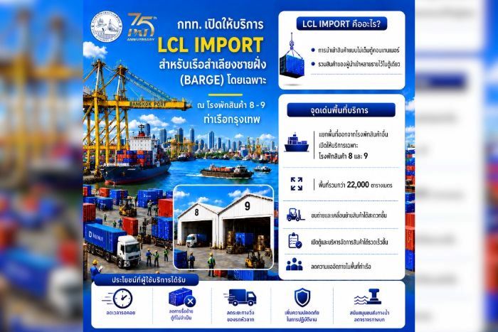 กทท. เพิ่มสปีดขนส่งชายฝั่ง เปิดพื้นที่ LCL IMPORT เฉพาะ ณ โรงพักสินค้า 8–9  เพิ่มความคล่องตัว ลดเวลารอคอย รองรับการขนส่งเรือชายฝั่งโตต่อเนื่อง
