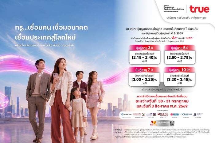 ทรู เตรียมเสนอขายหุ้นกู้ใหม่ เรทติ้ง A+ แนวโน้มบวก ชูดอกเบี้ยคงที่ [2.15 – 3.45] % ต่อปี ตอกย้ำฐานะการเงินแข็งแกร่ง พร้อมรองรับการเติบโตระยะยาว  คาดเปิดจองซื้อ 30 – 31 กรกฎาคม และ 3 สิงหาคม 2569