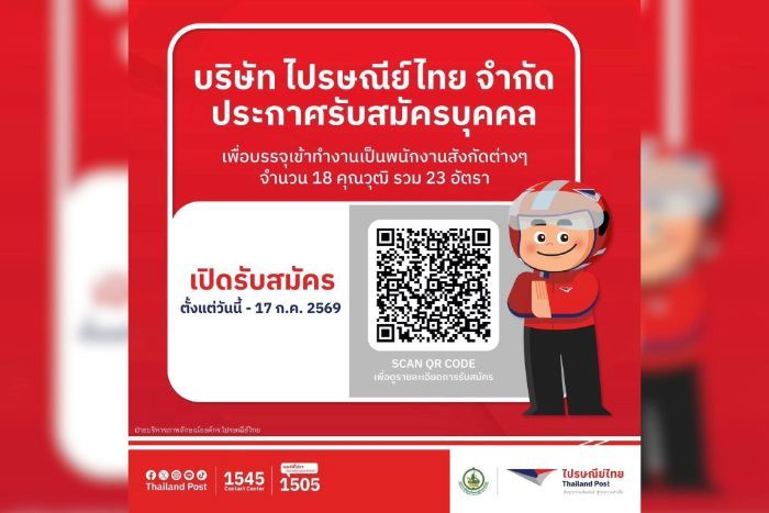 ไปรษณีย์ไทยเปิดรับสมัครสอบคัดเลือกเพื่อบรรจุเข้าทำงาน รวม 23 อัตรา  รองรับวุฒิ ม.6 - ป.โท  ตั้งแต่บัดนี้ - 17 กรกฎาคม 2569